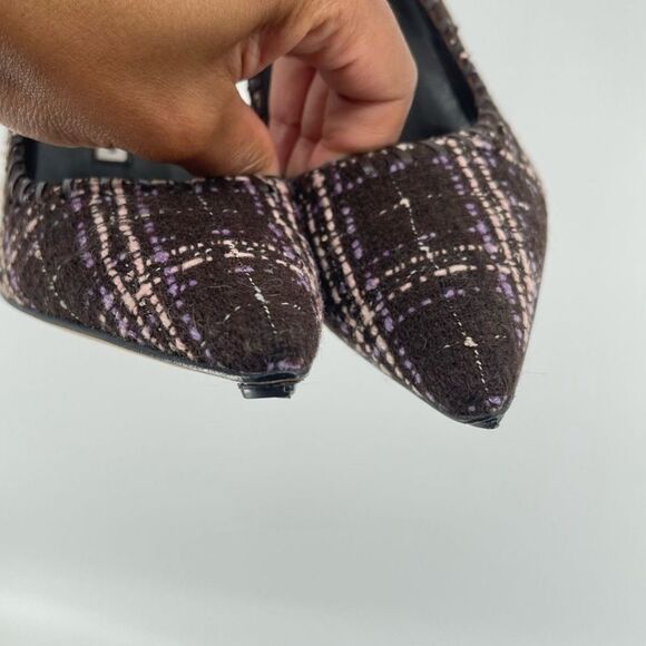 Manolo Blahnik BB Tweed Whipstitch Pumps Pointed Toe Purple Brown 37.5 / 7.5 - Picture 12 of 15